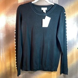 Carmen Marc Valvo black sweater‎ with pearls down each sleeve. Stunning! B6